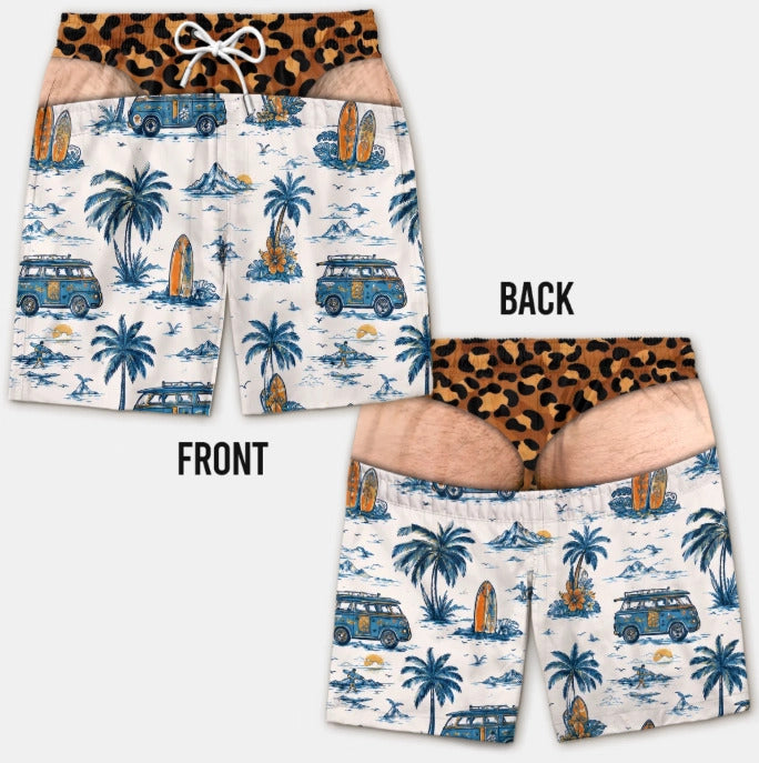 Funny Leopard‑Print Fake Denim Swim Shorts | Novelty Illusion Beach Trunks
