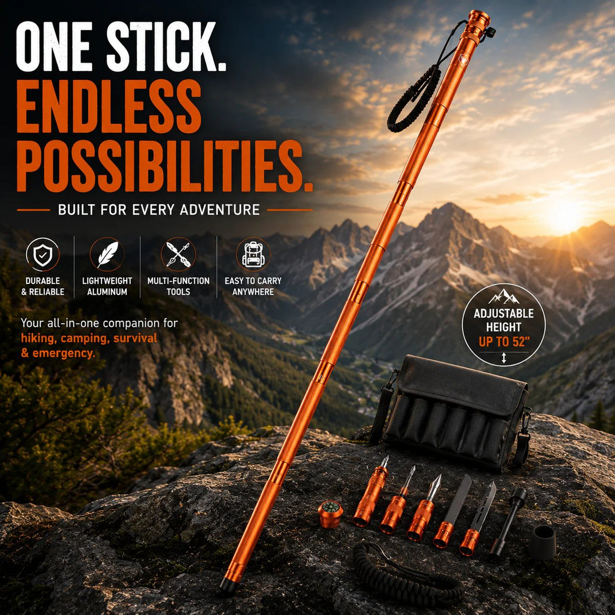 🚨Survival Hiking Stick – Adjustable Trekking Pole with Built-In Outdoor Survival Tools