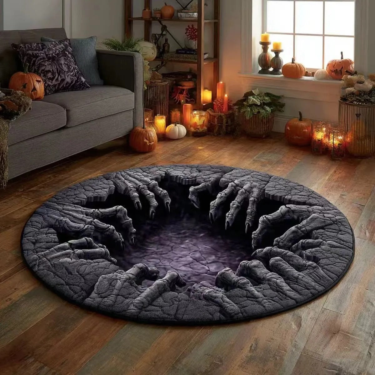 🎃3D Skeleton Vortex Quilted Round Halloween Rug