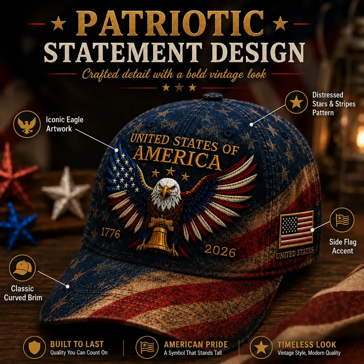 Premium Crafted USA Patriotic Eagle Cap