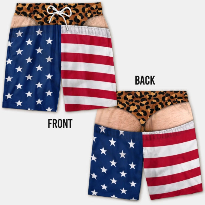 Funny Leopard‑Print Fake Denim Swim Shorts | Novelty Illusion Beach Trunks
