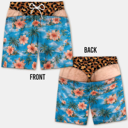 Funny Leopard‑Print Fake Denim Swim Shorts | Novelty Illusion Beach Trunks