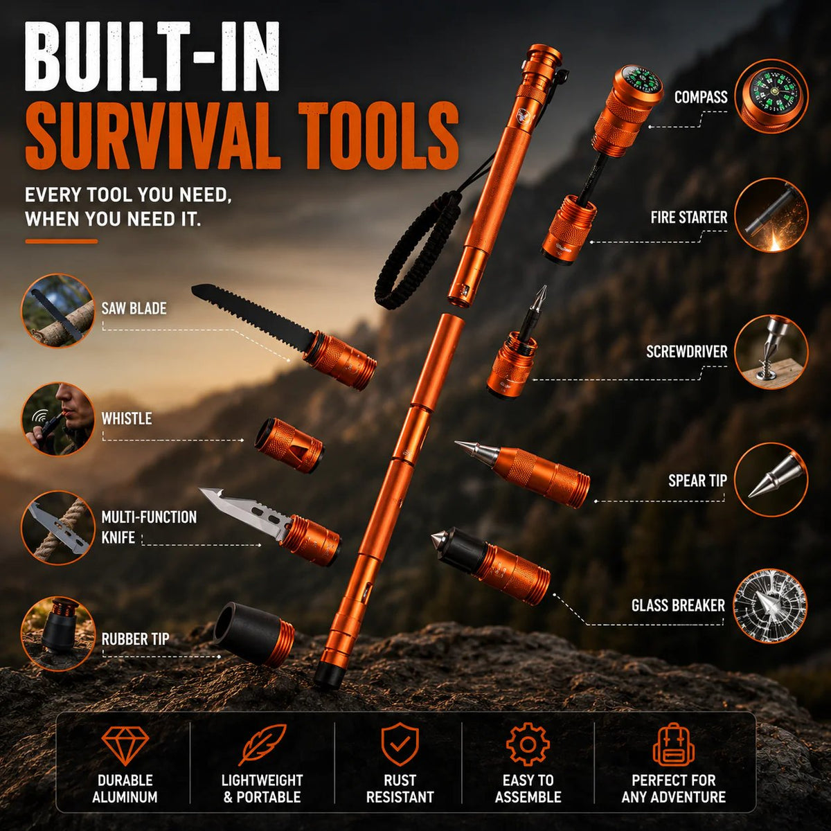 🚨Survival Hiking Stick – Adjustable Trekking Pole with Built-In Outdoor Survival Tools